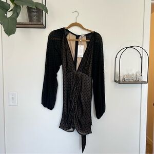NWT Saint Genies Black Plunging V Neck Polkadot Ruched Mini Dress Size 12